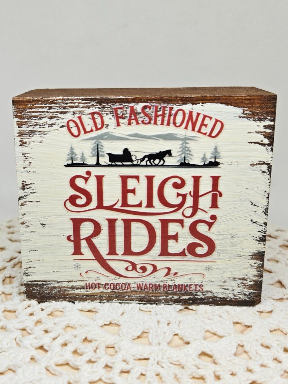 Handcrafted Christmas Shelf Sitter, Tiered Tray Decor Old Fashioned Sleigh Rides